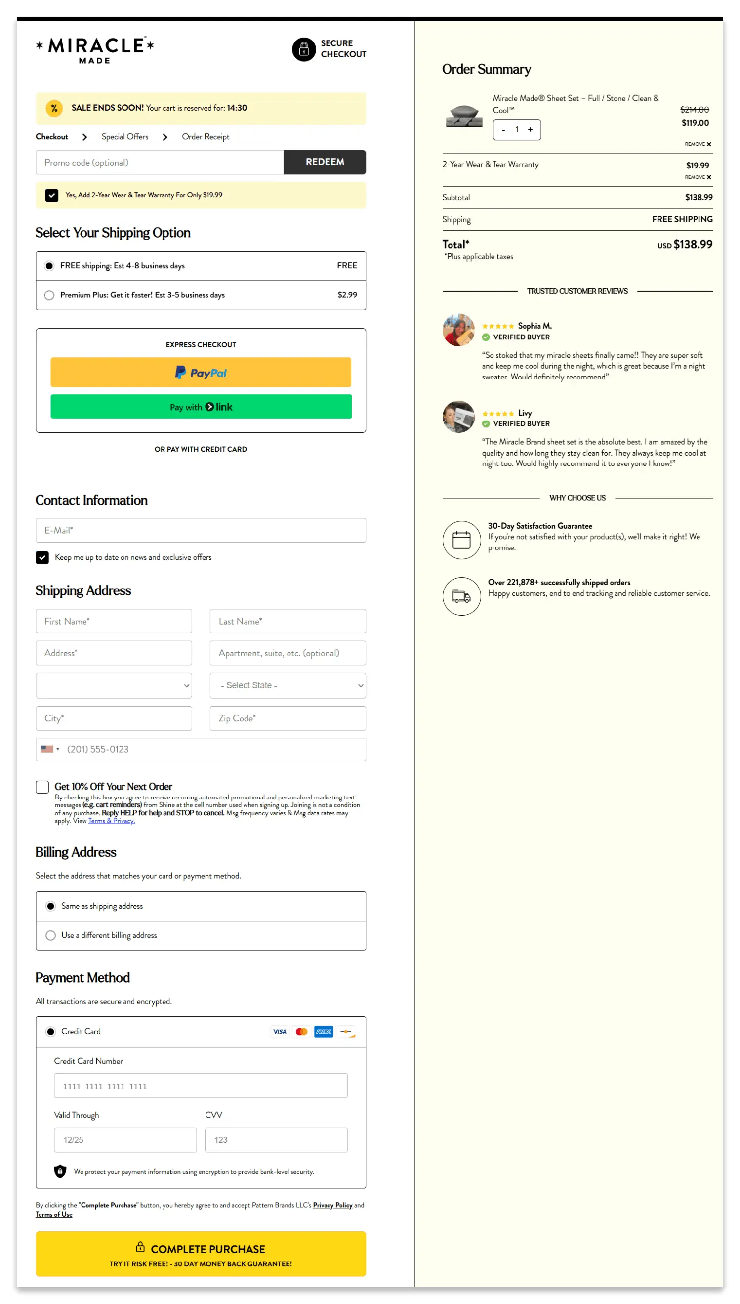 miracle sheets secure checkout page